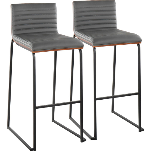 Mason Mara 30" Bar Stool in Black Metal, Walnut Wood & Grey Leatherette (Set of 2)